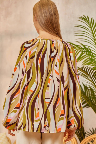 Abstract Lines Split Neck Blouse