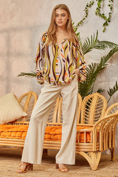 Abstract Lines Split Neck Blouse