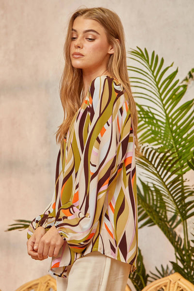 Abstract Lines Split Neck Blouse