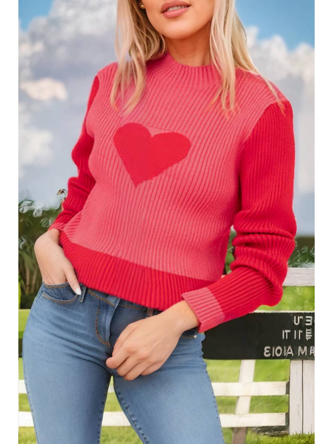 Red and Pink Heart Ribbed Sweater