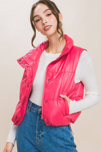 Fuchsia Pink Faux Leather Puffer Vest 