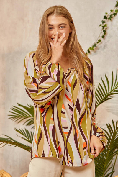 Abstract Lines Split Neck Blouse