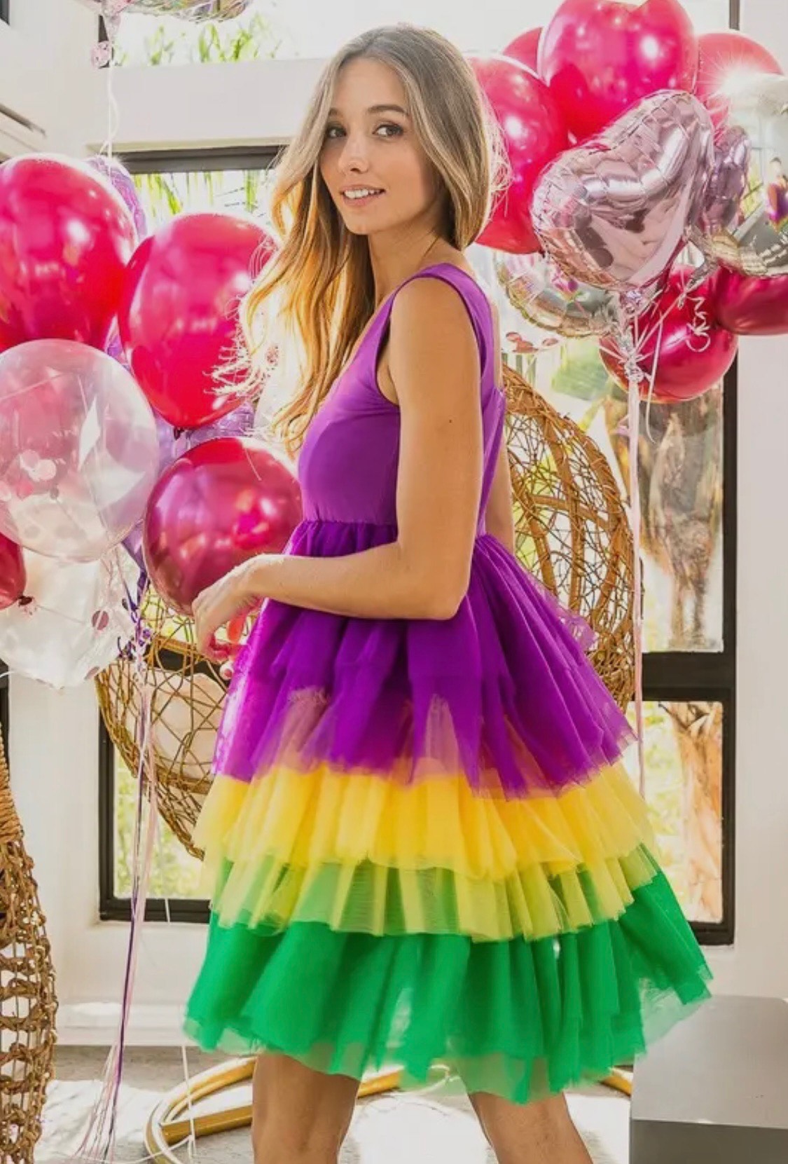 Mardi Gras Color Block Layered Mesh Tiered Dress Mardi Gras Color Block Layered Mesh Tiered Dress