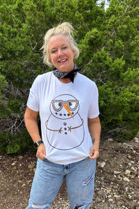quirky snowman rocking a pair of stylish leopard glasses, Christmas t-shirt, holiday t-shirt, winter t-shirt, funny Christmas shirt, cute Christmas shirt, snowman shirt, leopard print shirt, graphic tee, casual wear, gift idea, Christmas gift, winter fashion, holiday fashion