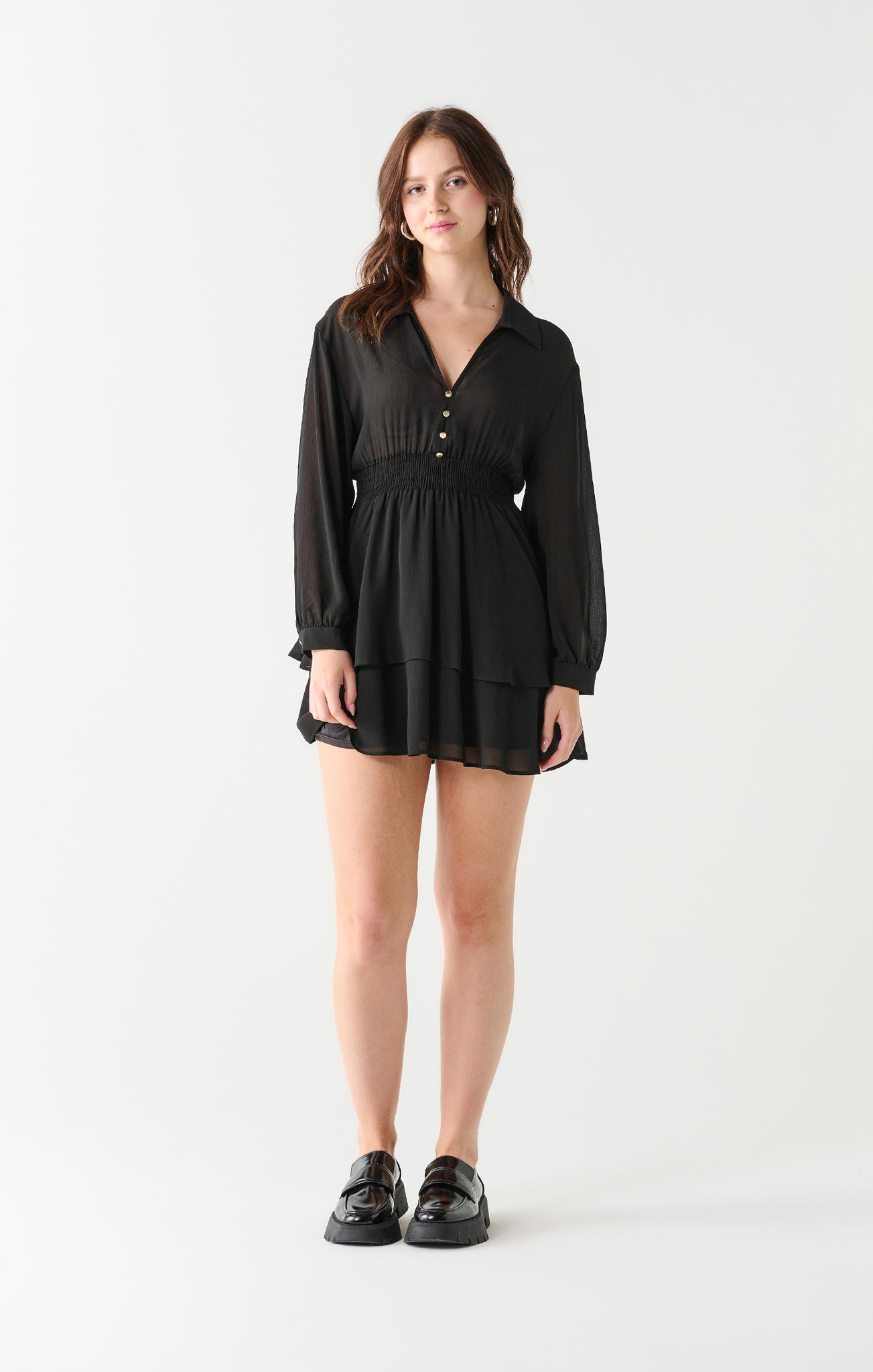 Classic Tiered Long Sleeve Black Dress