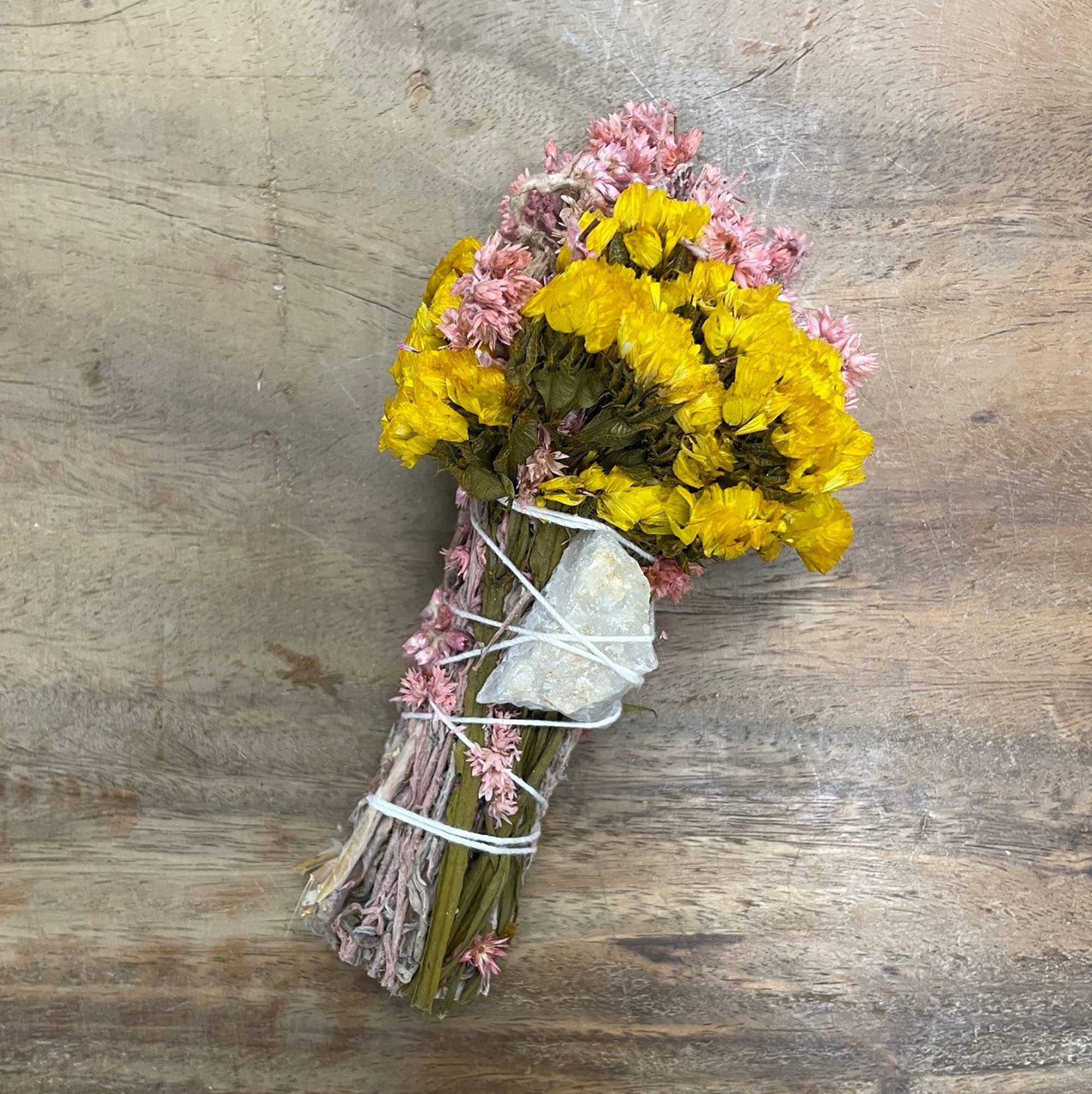 6" Yellow & Pink Floral Smudge Wand with Quartz Crystal