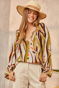 Abstract Lines Split Neck Blouse
